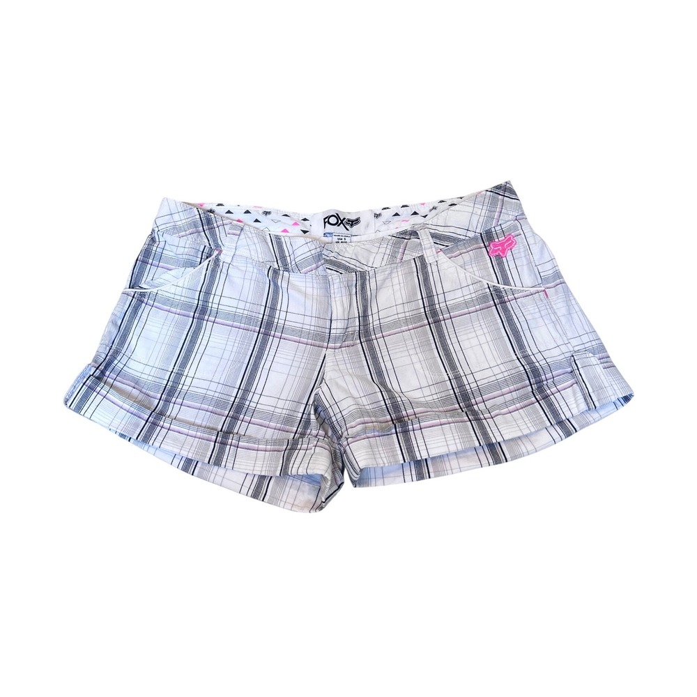 Fox Racing Plaid Shorts Womens 5‎ White Pink Black Embroidered Logo Low Rise Y2K